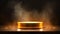 Gold podium on dark background with smoke. Empty pedestal for award ceremony. Platform illuminated by spotlights