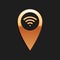 Gold Pointer map with wifi internet signal connection icon isolated on black background. Long shadow style. Vector