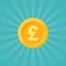 Gold pound sterling coin with rays. Flat icon. Isolated on blue. Economy, finance, money pictogram