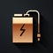 Gold Power bank with different charge cable icon isolated on black background. Portable charging device. Long shadow