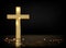 Gold prayer cross realistic vector illustration. Precious metal jewel on black background.