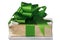 Gold present wrapped with green ribbons