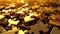 Gold puzzle pile background, stack of shiny metal pieces, pattern of abstract golden blocks. Concept of business, game, design,