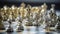 Gold queen chess surrounded by a number of fallen silver chess pieces, business strategy concept, generative ai