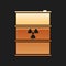 Gold Radioactive waste in barrel icon isolated on black background. Radioactive garbage emissions, environmental