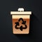 Gold Recycle bin with recycle symbol icon isolated on black background. Trash can icon. Garbage bin sign. Recycle basket