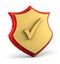 Gold and red shield with golden check mark on white background. Shield security 3d render.