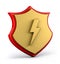 Gold and red shield with golden thunderbolt on white background. Golden shield with lightning. 3d illustration.