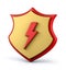 Gold and red shield with red thunderbolt on white background. Golden shield with lightning. 3d illustration.