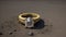 A gold ring with a diamond on a gray, dry ground. A lost piece of jewelry in the desert. Generated AI.