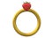A gold ring with a strawberry topping against a white backdrop