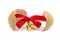 Gold rings tied with red ribbon