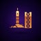 Gold Rocket launch from the spaceport icon isolated on black background. Launch rocket in space. Vector Illustration