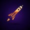 Gold Rocket ship with fire icon isolated on black background. Space travel. Vector Illustration