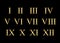 Gold Roman Numerals set collection isolated on black background. Elegant ancient number font 1 to 12 old golden luxury math