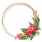 Gold round frame with red Anthurium and strelitzia flowers.