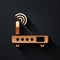 Gold Router and wi-fi signal icon isolated on black background. Wireless ethernet modem router. Computer technology