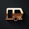 Gold Rv Camping trailer icon isolated on black background. Travel mobile home, caravan, home camper for travel. Long