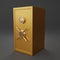 Gold Safe box on gray background. Closed yellow metallic safe box. Realistic metal is safe. Close security golden metal safe. 3d