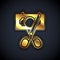 Gold Scissors cutting money icon isolated on black background. Price, cost reduction or price reduction icon concept