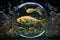 gold sea sardine in space bubbling bubbles with oxygen aquarium fish in space