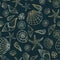 Gold seamless pattern with various shells, clams, starfish and snails, fun under water background, great for ocean themes, beach
