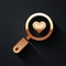 Gold Search heart and love icon isolated on black background. Magnifying glass with heart inside. Long shadow style