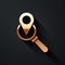 Gold Search location icon isolated on black background. Magnifying glass with pointer sign. Long shadow style. Vector.