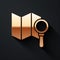 Gold Search location icon isolated on black background. Magnifying glass with pointer sign. Long shadow style. Vector.