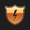 Gold Secure shield with lightning icon isolated on black background. Security, safety, protection, privacy concept. Long shadow