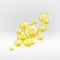 Gold serum oil droplets isolated on greyish background. Yellow collagen bubbles with sparkles and lights composition. Golden