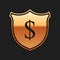 Gold Shield and dollar icon isolated on black background. Security shield protection. Money security concept. Long