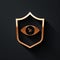 Gold Shield eye scan icon isolated on black background. Scanning eye. Security check symbol. Cyber eye sign. Long shadow