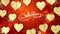 Gold shining hearts sparkle on the red background with text. Valentines Day holiday abstract loop animation.