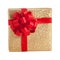 Gold shiny paper wrap gift box red ribbon present christmas birthday