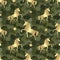 Gold silhouette Unicorn on camouflage. Seamless pattern