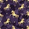 Gold silhouette Unicorn on camouflage. Seamless pattern