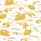 Gold silhouettes of swans, water lily and lily pads seamless background design