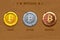 Gold, silver and bronze Bitcoin icon. Digital or Virtual cryptocurrency. coin and electronic cash.