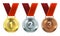 Gold, silver and bronze medals. First, second and third place awards, realistic round medals on red ribbons