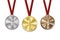 Gold silver bronze medals. Olympic distinction on ribbons. Victory rewards. Vector image.