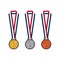 Gold, silver, bronze medals with ribbons flat design illustration