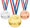 Gold, silver, bronze medals with tricolor ribbons