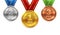 Gold silver bronze medals. Winner shiny circle medal honor champion award ceremony trophy place sport ribbon best prize