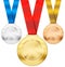 Gold, silver, bronze sport medals with ribbon