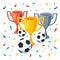 Gold, silver and bronze trophy cup in flat cartoon style. Winner cups, football balls and confetti on white background