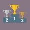Gold, Silver and Bronze Trophy Cup on prize podium. First place award. Champions or winners Infographic elements. Vector illustrat