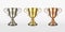 Gold silver and bronze trophy cup. Realistic champion awards, first, second, third place, championship winners golden