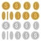 Gold and Silver Coins with Different Rotation Angles Set. Vector