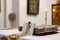 Gold and silver communion bowls  candles  icons and the Holy Gospel on the throne of the Orthodox Church.